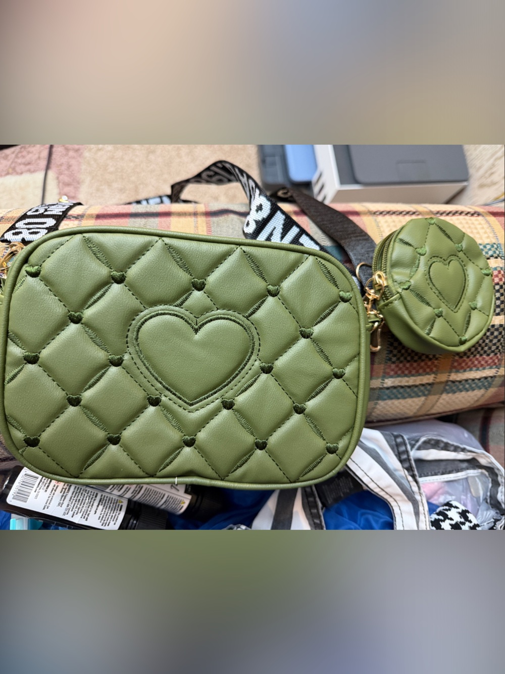 Olive Green Quilted Heart Crossbody Bag with Coin Pouch
